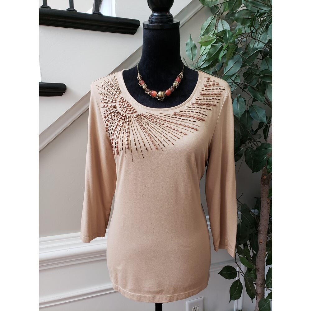 Chico's Top Blouse Women Size M Beige Beaded Cotton Blend Long Sleeve Round Neck